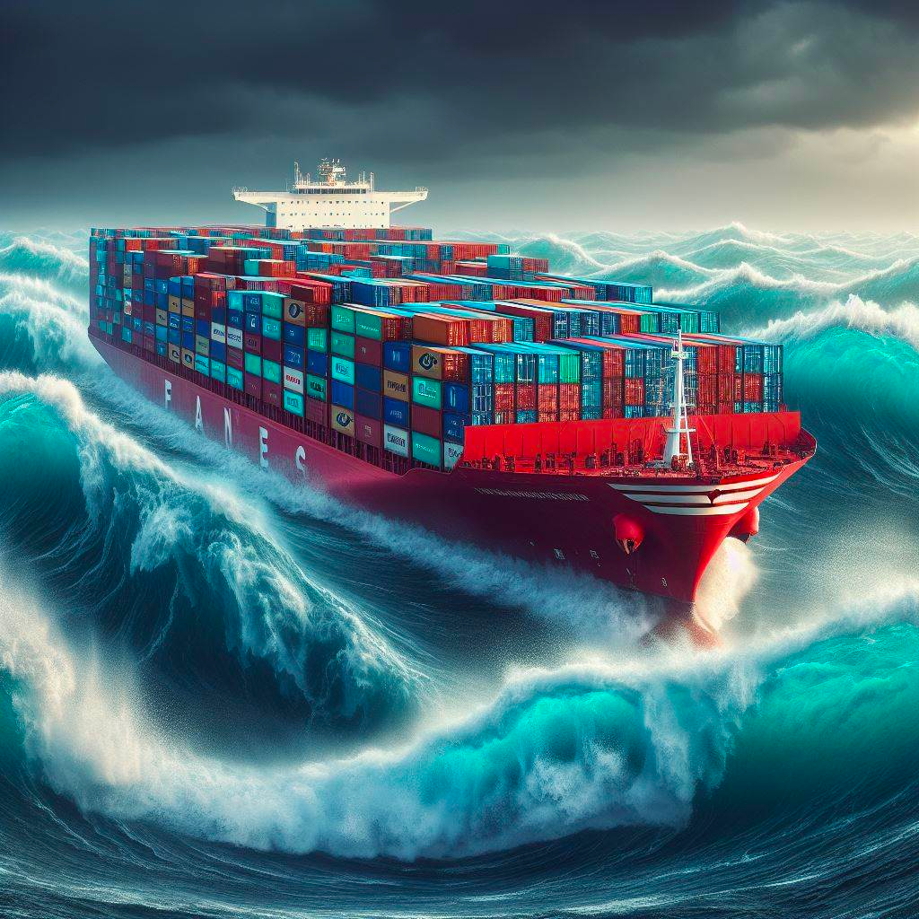 An image of a container ship full of containers making it across a brash sea.
