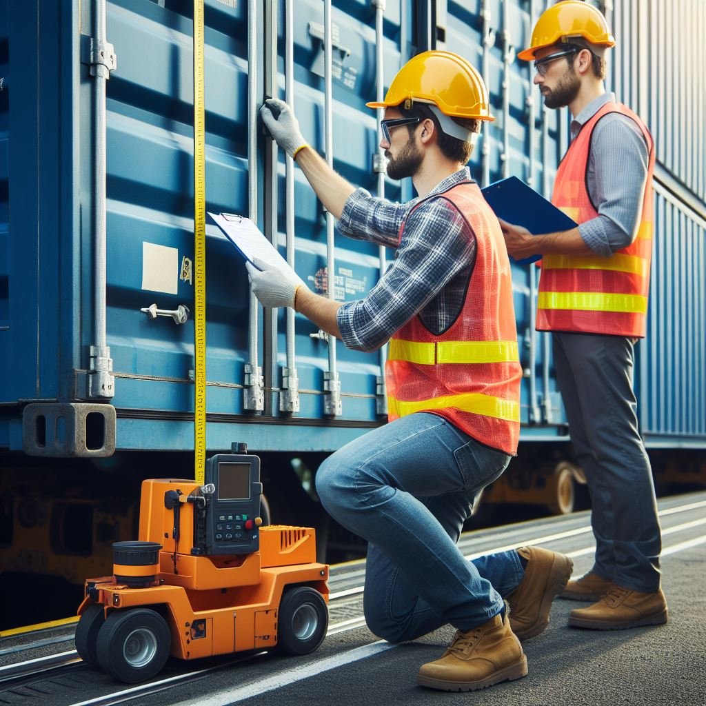 An image of two engineers measuring a multimodal shipping container