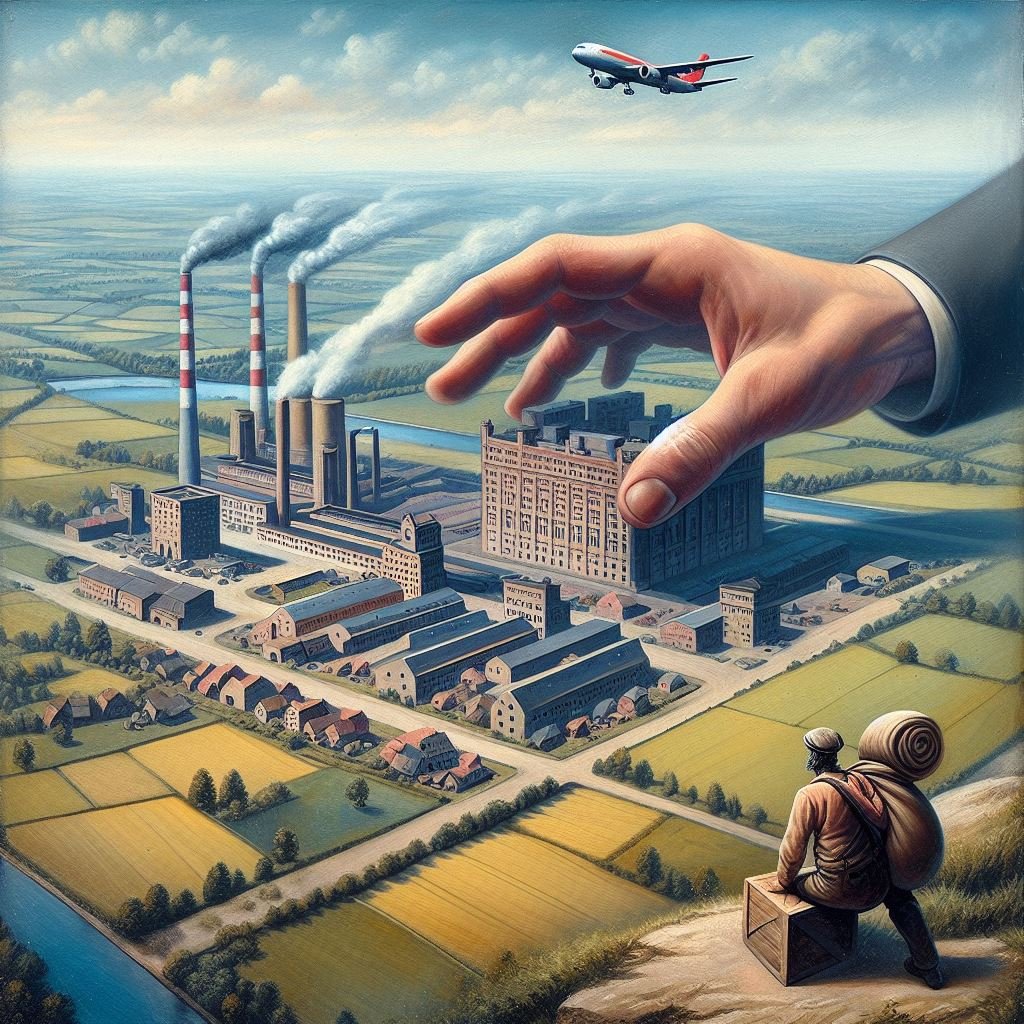 An image showing a hand grabbing a factory to relocate it to a new location
