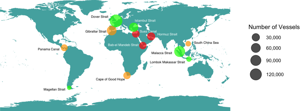 A map of the world displaying the main choke points around the world for maritime trade, with different colors outlining the level of disruptions they currently face.