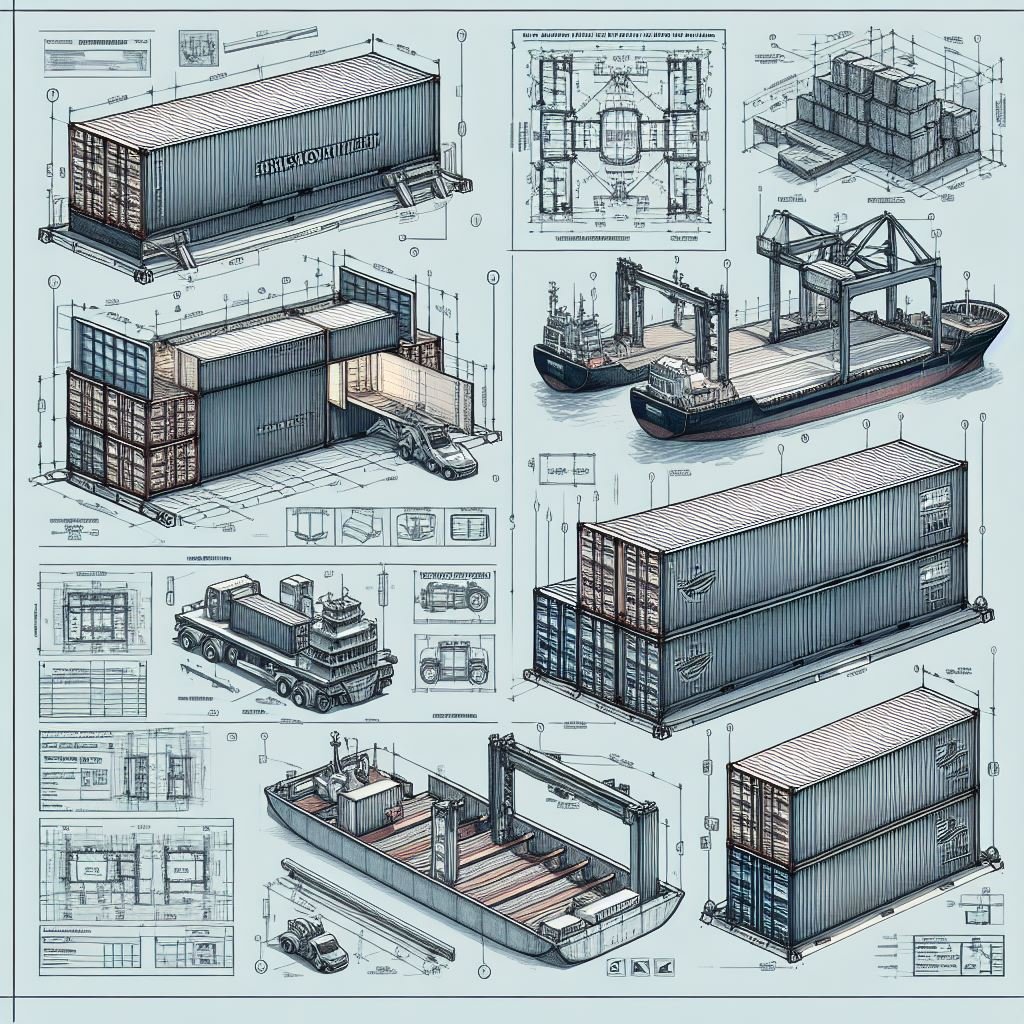 A diagram showing various measurements related to a multimodal shipping containers and container ships.