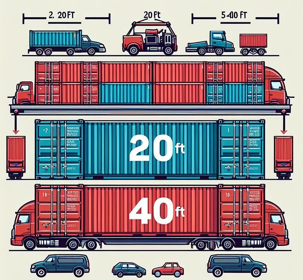 A diagram showing a 20ft and a 40ft shipping container as well as various other vehicles related to the world of trade