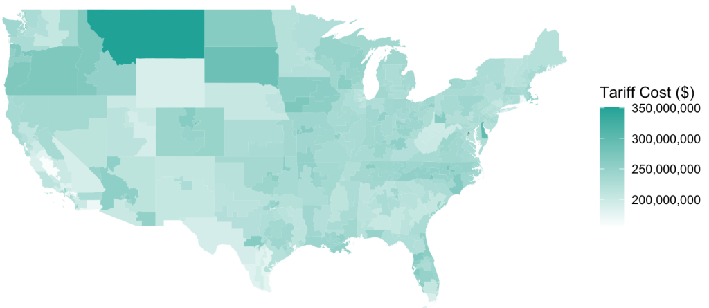 A map of all US electoral districts with different shades according to the total cost endured by tariffs imposed during the first Trump adminsitration