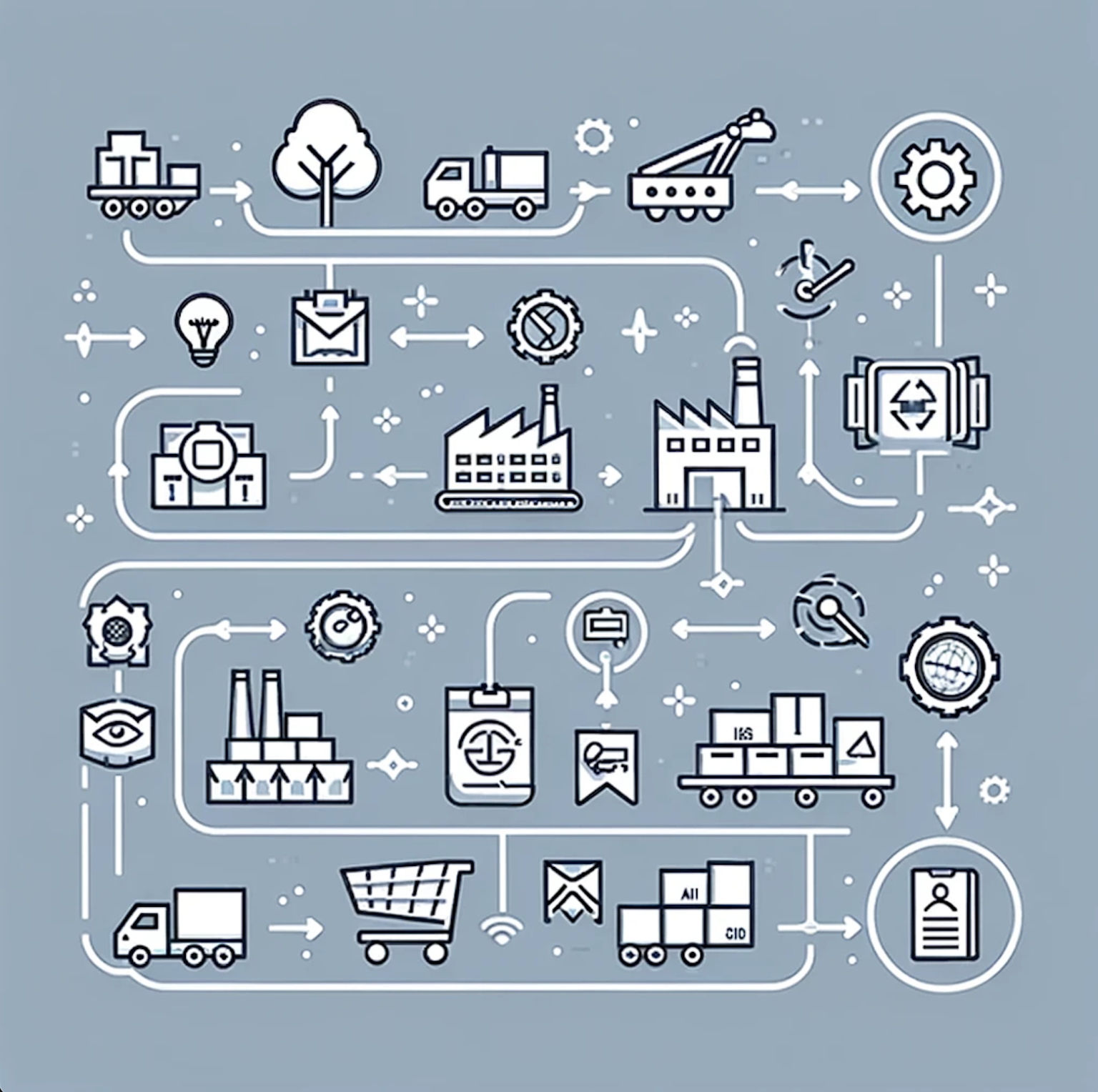 A diagram over a light blue background showing different steps to a supply chain.