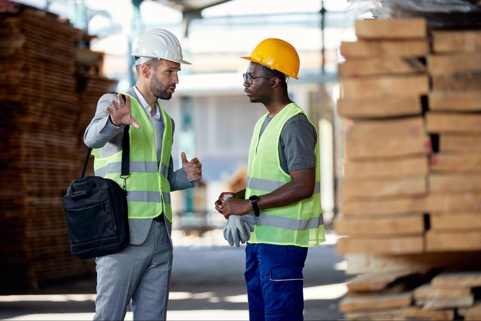 Two men dressed with construction equipment having a conversation in a port shipping site.